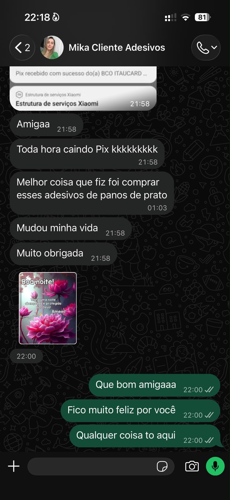 Print de conversa no WhatsApp com cliente satisfeita