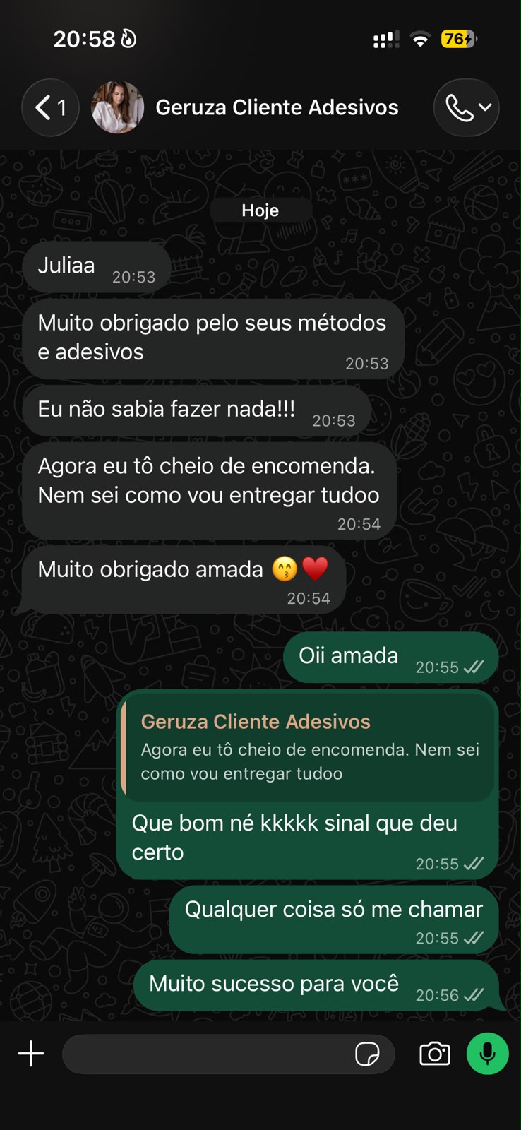 Print de conversa no WhatsApp com cliente satisfeita