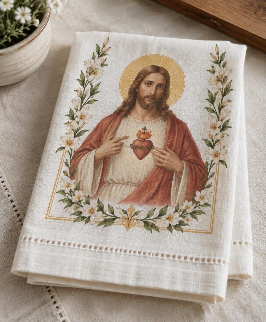 Pano de prato com o Sagrado Coração de Jesus